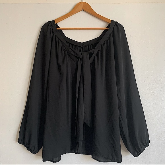Tie Neck Swing Blouse Black Chiffon Top. Size 4XL - Picture 3 of 11